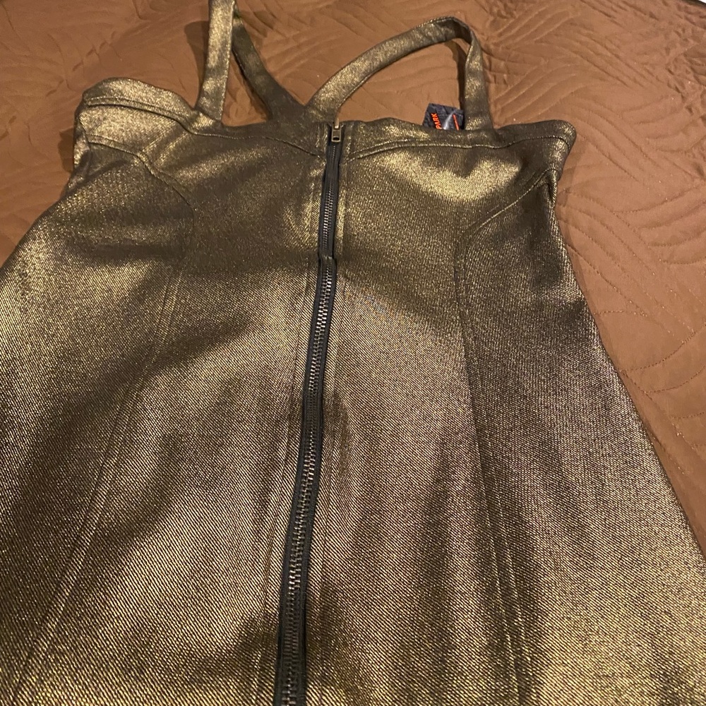 New Large Gold Ponte Open Back,  Front Zippered Dress